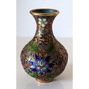 Vintage Enamel Cloisonne Miniature Vase Champleve Technique Floral Bronze 3 In